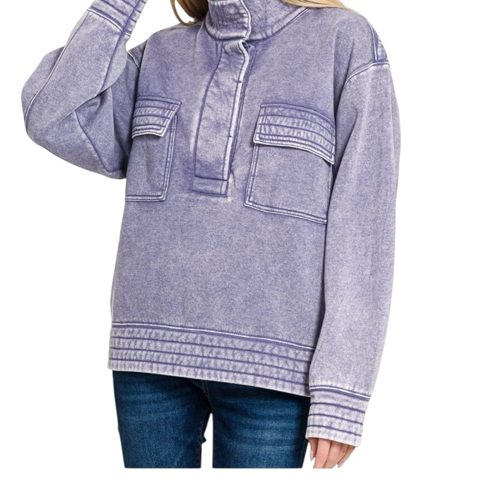 Zenana Acid Washed Half Button Purple Marlin Pullover Sweatshirt